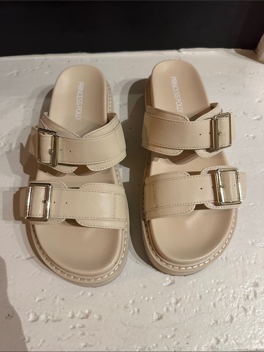 Princess Polly Cream Double-Buckle Slide Sandals